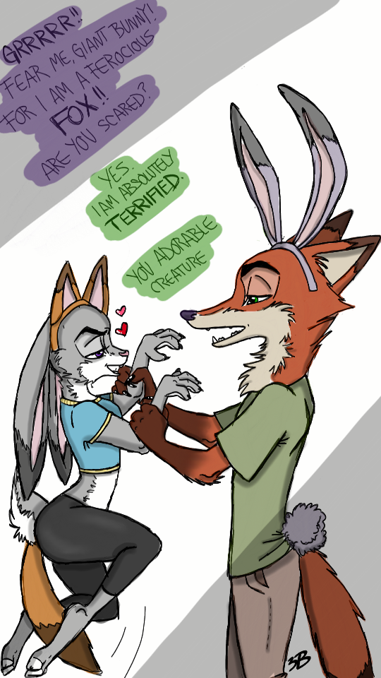 anthro claws clothed clothing dialogue dipstick_ears duo ear_markings fake_ears fake_fox_ears fake_fox_tail fake_rabbit_ears fake_rabbit_tail fake_tail female fur gloves_(marking) grey_body grey_fur half-closed_eyes heart_symbol male markings midriff multicolored_ears narrowed_eyes orange_body orange_fur purple_eyes red_body red_fur scut_tail short_tail tail text rarewhoroastbeast_(artist) disney zootopia judy_hopps nick_wilde canid canine fox lagomorph leporid mammal rabbit red_fox true_fox 9:16 english_text