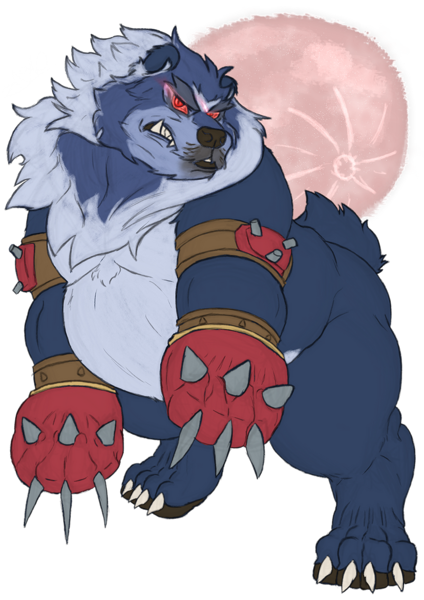 anthro armlet belly blue_body blue_fur claws clothing feral fur gloves handwear male obese overweight red_eyes sharp_teeth snarling solo teeth daneobejan-dken bandai_namco digimon bear digimon_(species) grizzlymon mammal alpha_channel