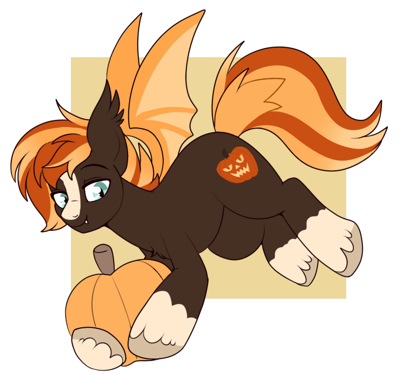 bat_wings black_body cutie_mark ear_tuft fangs feral flying food fruit half-closed_eyes holding_food holding_object hooves male mane membrane_(anatomy) membranous_wings narrowed_eyes orange_mane orange_tail plant pumpkin smile solo tail tan_body teeth tuft wings lulubell hasbro my_little_pony fan_character jack'o'lantern_(oc) bat_pony equid mammal