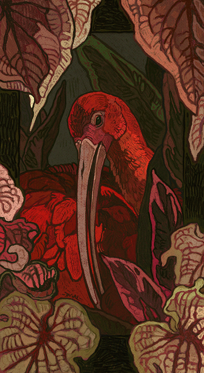 ambiguous_gender black_eyes detailed_background feathers feral leaf long_beak plant red_body red_feathers solo wings jagal avian bird ibis pelecaniform scarlet_ibis threskiornithid digital_media_(artwork) hi_res