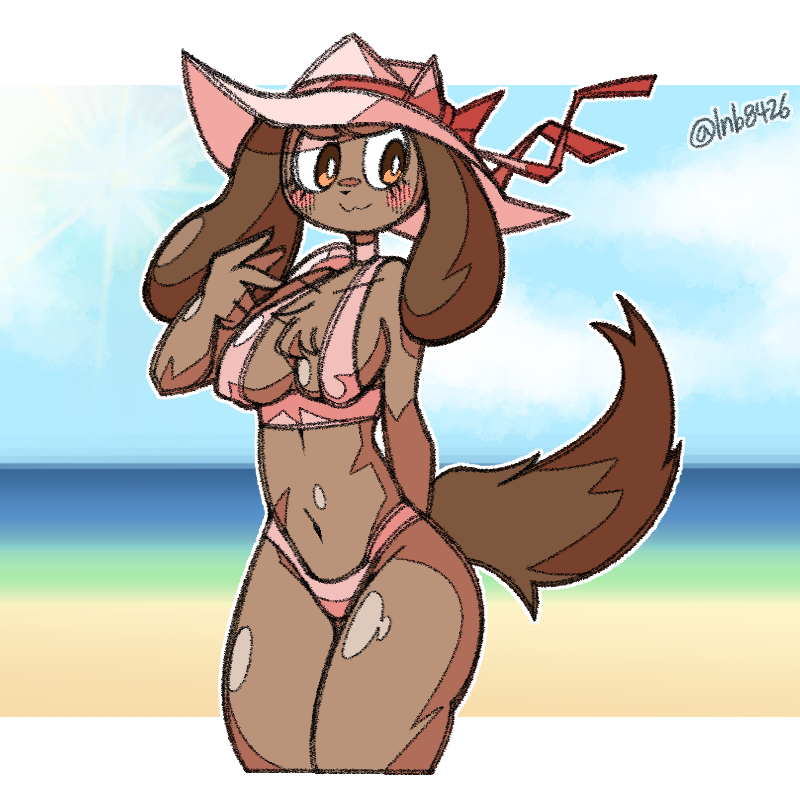 5_fingers :3 anthro beach bikini breasts brown_body brown_ears brown_fur brown_tail chest_tuft clothed clothed_anthro clothed_female clothing day eyelashes female fingers front_view fur hand_behind_back hat headgear headwear medium_breasts mouth_closed navel nipple_outline outside pink_bikini pink_clothing pink_hat pink_headwear pink_swimwear rosy_cheeks seaside sky smile solo swimwear tail thick_thighs tuft two-piece_swimsuit wide_hips lnb anna_holiday canid canine canis domestic_dog mammal 1:1 2024 digital_drawing_(artwork) digital_media_(artwork) portrait three-quarter_portrait