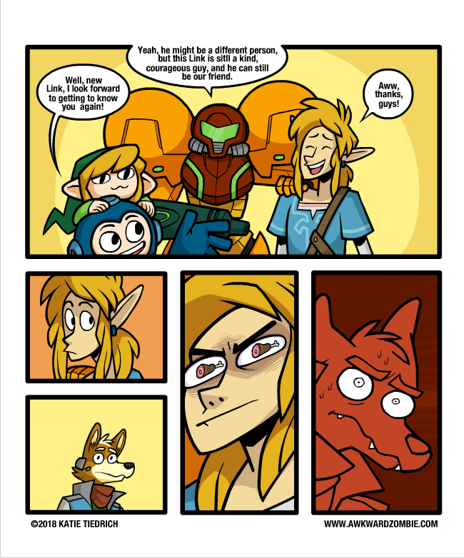 armor blonde_hair bodily_fluids ear_piercing hair humor male piercing simple_background speech_bubble sweat text varia_suit worried_look katie_tiedrich capcom mega_man_(series) metroid nintendo star_fox super_smash_bros. the_legend_of_zelda fox_mccloud link mega_man_(character) samus_aran canid canine fox human mammal comic english_text url