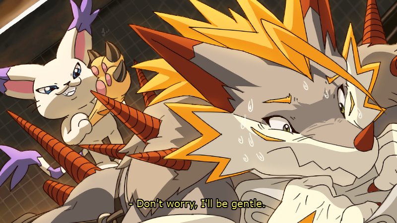 ambiguous_gender anthro bodily_fluids clawed_gloves claws clothing dialogue duo dutch_angle frown fur gloves handwear horn humor inside lying narrowed_eyes nervous nude on_front smile standing suggestive sweat text tuft whiskers dahecksajerry bandai_namco digimon digimon_(species) gatomon stefilmon 16:9 2023 english_text widescreen