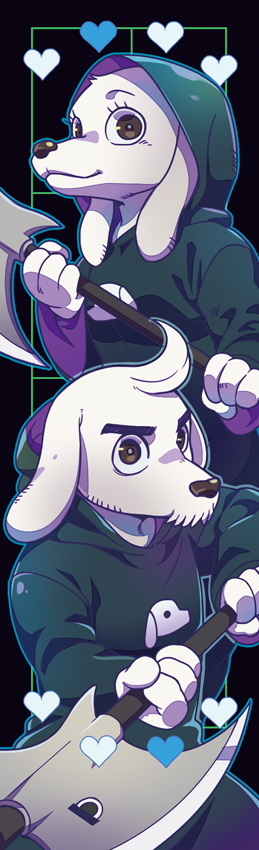 4_fingers abstract_background anthro axe brown_eyes clothed clothing duo eyelashes female fingers fur heart_symbol hood long_ears male melee_weapon simple_background smile weapon white_body white_fur foxvulpine undertale undertale_(series) dogamy dogaressa canid canine canis domestic_dog mammal