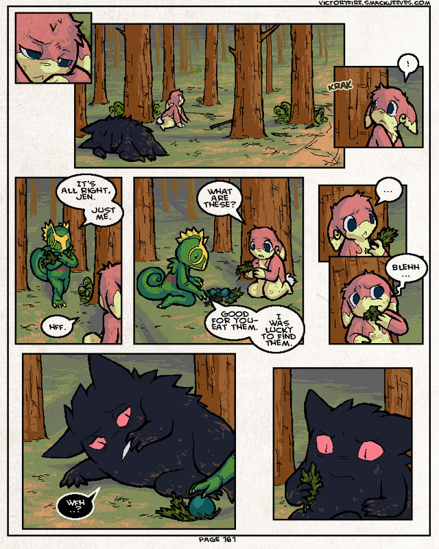 dialogue ellipsis exclamation_point female group male speech_bubble text sulfurbunny_(artist) nintendo pokemon pokemon_mystery_dungeon pokemon_victory_fire spike_chunsoft jen_(vf) audino generation_1_pokemon generation_3_pokemon generation_5_pokemon gengar kecleon pokemon_(species) 4:5 comic english_text