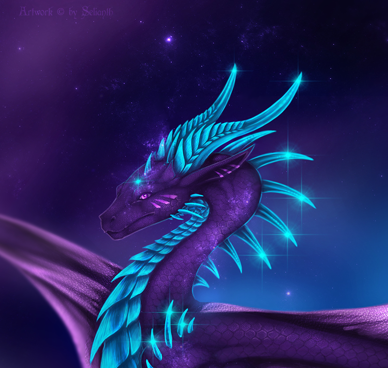 ambiguous_gender blue_body blue_horn blue_scales blue_spikes cloud fantasy feral glowing horn pink_eyes planet purple_body purple_scales scales sky solo space star starry_sky text selianth mythology dragon mythological_creature mythological_scalie scalie english_text