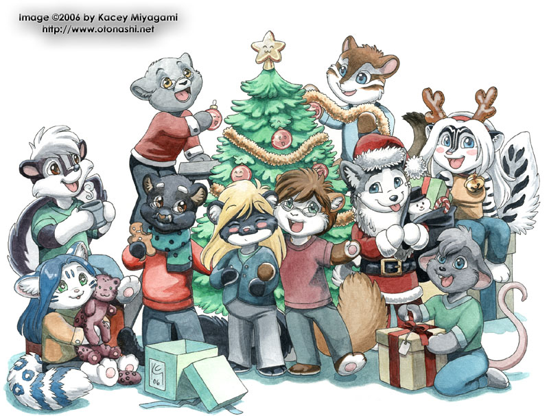 3_toes anthro barefoot black_body black_fur black_nose blonde_hair blue_hair brown_hair chibi christmas_star christmas_tree christmas_tree_topper cookie countershade_feet countershading eyewear feet female food fur gift glasses green_eyes grey_body grey_fur group hair happy holidays male pawpads paws pink_pawpads plant plantigrade soles tail toes tongue tongue_out tree white_body white_fur yellow_eyes kacey christmas abakan abe_(artdecade) kacey_(kacey) shamira zig_zag canid canine canis chipmunk felid feline ground_squirrel mammal mephitid mouse murid murine rodent sciurid serval skunk snow_serval wolf 2006