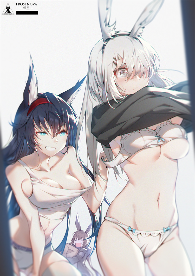 accessory black_hair blue_eyes blush bodily_fluids bra_grab breasts brown_hair clothing female group hair hair_accessory hairband navel open_mouth smile surprise sweat sweatdrop underwear wardrobe_malfunction white_hair xion32 arknights hypergryph studio_montagne amiya_(arknights) blaze_(arknights) frostnova_(arknights) animal_humanoid humanoid lagomorph lagomorph_humanoid leporid_humanoid mammal mammal_humanoid rabbit_humanoid 2020