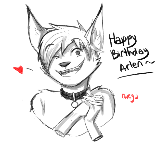 birthday collar excited gift heart_symbol looking_at_viewer simple_background smile solo white_background wcgart arlen_tawny domestic_cat felid feline felis lynx mammal black_and_white bust_portrait monochrome portrait sketch