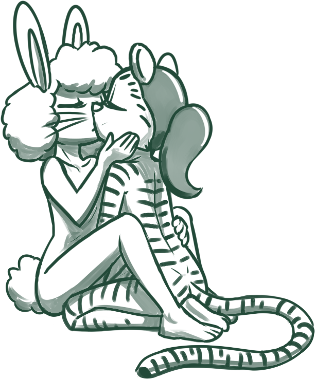 anthro anthro_on_anthro bent_arm bent_leg biped duo eyelashes eyes_closed feet female female/female fingers fluffy fluffy_hair fur hair hand_on_another's_back hand_on_another's_cheek hand_on_back hand_on_cheek humanoid_feet humanoid_hands kiss_on_lips kissing kneeling long_ears long_whiskers nude nude_anthro nude_female plantigrade ponytail round_ears short_hair sitting striped_body striped_fur stripes tail three-quarter_view toes whiskers young redout kevin_and_kell coney_dewclaw lin_lee felid lagomorph leporid mammal pantherine rabbit tiger 2023 digital_drawing_(artwork) digital_media_(artwork) monochrome