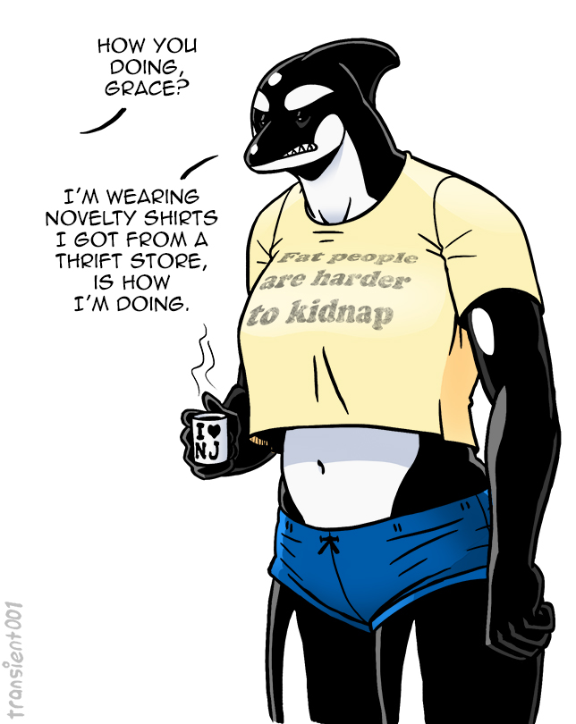 anthro big_breasts bottomwear breasts clothing coffee_cup container cup female hotpants navel shorts solo text thick_thighs tired tired_eyes wide_hips transient001 dc_comics orca_(dc) cetacean dolphin mammal marine oceanic_dolphin orca toothed_whale english_text