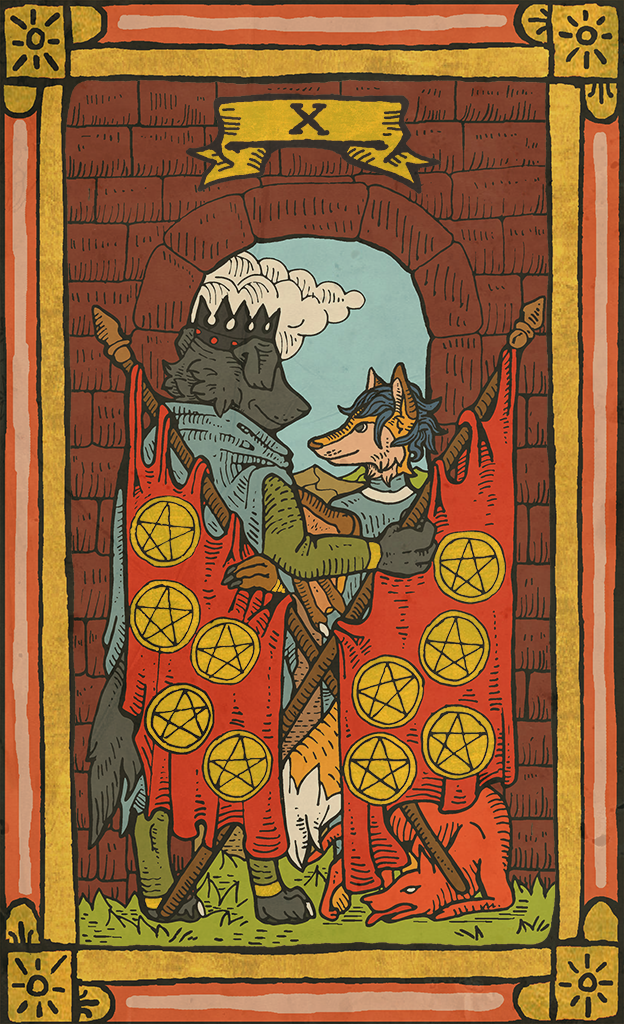 anthro banner card card_template clothed clothing cloud crown duo_focus feral flag flag_(object) fortune_telling fur group hair headgear holding_flag holding_object looking_at_another membrane_(anatomy) membranous_wings minor_arcana occult_symbol pentacle pentacles_(tarot) pentagram roman_numeral sky smile speech_scroll standing star symbol tarot tarot_card ten_of_pentacles_(tarot) tongue tongue_out trio wings musorok fenix_azurewing_(-fenix-) joshuablacklabrador bat bird_dog canid canine canis domestic_dog fox hunting_dog hybrid labrador mammal red_fox retriever true_fox digital_media_(artwork)