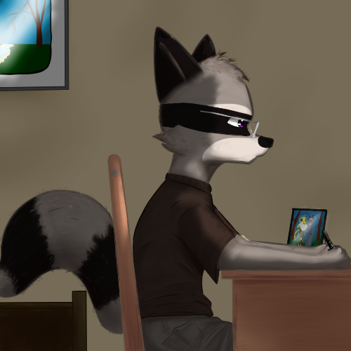 anthro artist biped clothed clothing desk drawing eyewear fully_clothed furniture glasses male photo side_view sitting solo table wall_art working ruanshi circe_(ruanshi) francine_(ruanshi) ruanshi_(oc) cobra mammal procyonid raccoon reptile scalie snake 1:1 digital_media_(artwork) half-length_portrait low_res picture_in_picture portrait