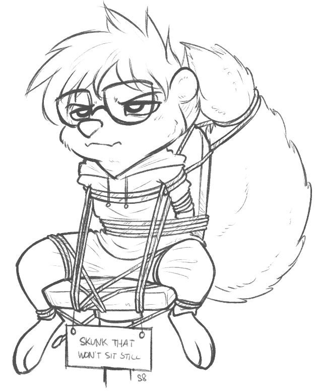 anthro arms_tied bdsm biped bondage bound chair clothed clothing eyewear female fully_bound furniture glasses hands_behind_back hoodie humor legs_tied sign simple_background sitting solo spread_legs spreading submissive submissive_female tail tail_tied text topwear white_background alec8ter conditional_dnp disney dogshaming zootopia briskby_(character) fan_character mammal mephitid skunk 2017 black_and_white english_text meme monochrome signature