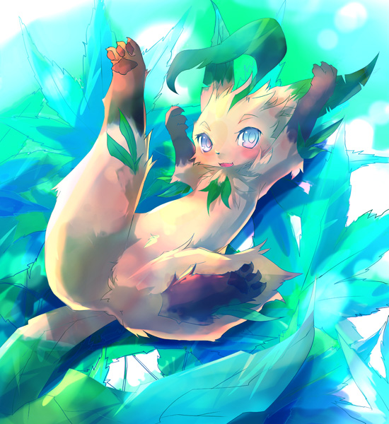 abstract_background ambiguous_gender blue_eyes feral fluffy happy leaf legs_up looking_at_viewer lying open_mouth pawpads paws solo kolshica nintendo pokemon eeveelution generation_4_pokemon leafeon pokemon_(species)