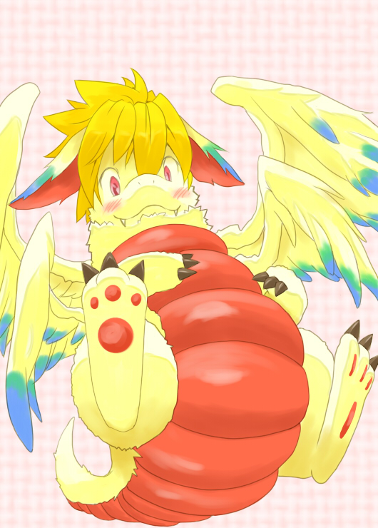 3_fingers 3_toes 4_wings belly blush checkered checkered_background claws digitigrade feet fingers floating fur hair hand_on_belly looking_at_viewer looking_down looking_down_at_viewer multi_wing neck_tuft orange_hair pattern_background pawpads red_belly red_ears red_eyes scales scaly_tail simple_background smile solo tail toe_claws toes tuft two_tone_wings wings yellow_body yellow_ears yellow_fur shakuto mana_(series) secret_of_mana square_enix trials_of_mana flammie 2010 digital_drawing_(artwork) digital_media_(artwork)