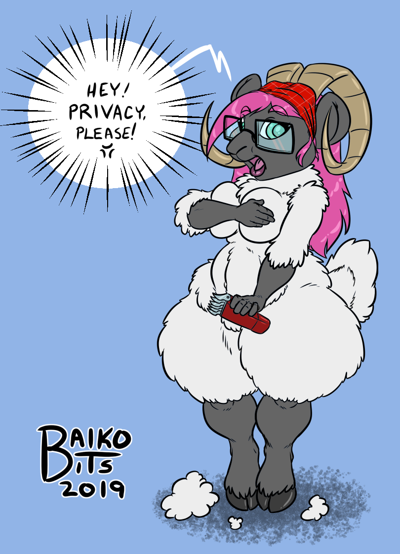 big_breasts breasts covering covering_self curvy_figure eyewear female glasses green_eyes hair horn huge_breasts pink_hair simple_background solo voluptuous wide_hips baikobits baiko bovid caprine mammal sheep 2019