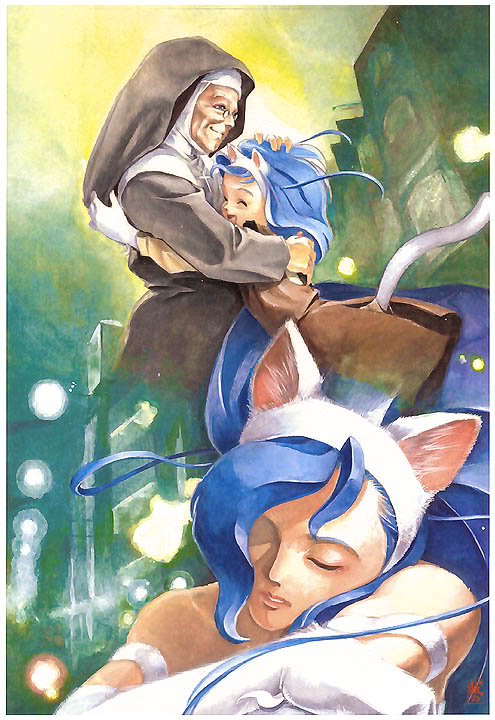 blue_hair clothing dress elderly eyes_closed eyewear female fur glasses hair hug long_hair nun nun's_habit pink_inner_ear sleeping smile white_body white_fur young unknown_artist capcom darkstalkers felicia_(darkstalkers) rose_(darkstalkers) animal_humanoid cat_humanoid felid felid_humanoid feline feline_humanoid humanoid mammal mammal_humanoid adopted_(lore) adoptive_mother_(lore)