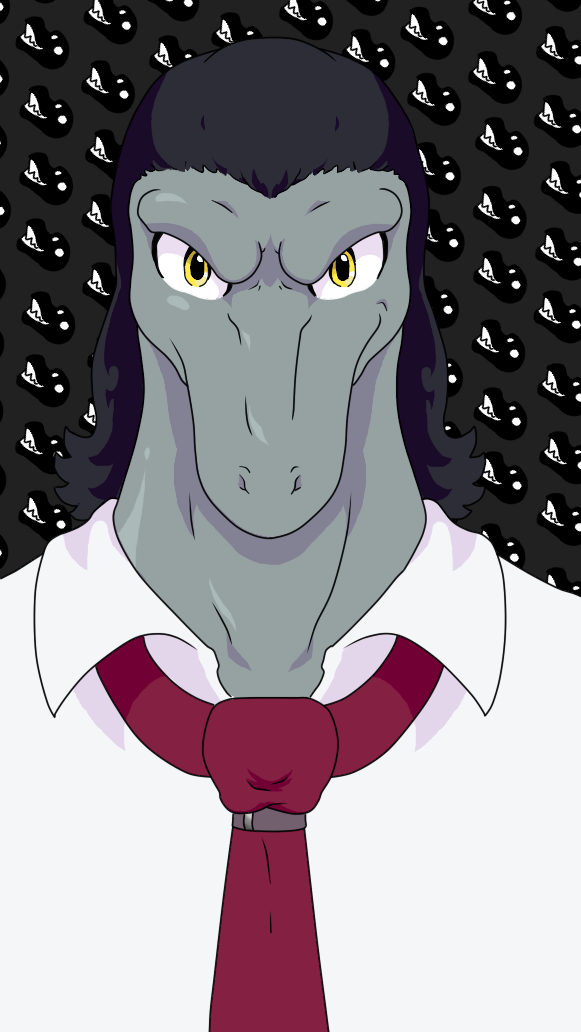 anthro clothed clothing grey_body male necktie scales simple_background solo yellow_eyes mr.brapion disney star_vs._the_forces_of_evil toffee_(svtfoe) lizard reptile scalie septarian digital_media_(artwork) half-length_portrait portrait