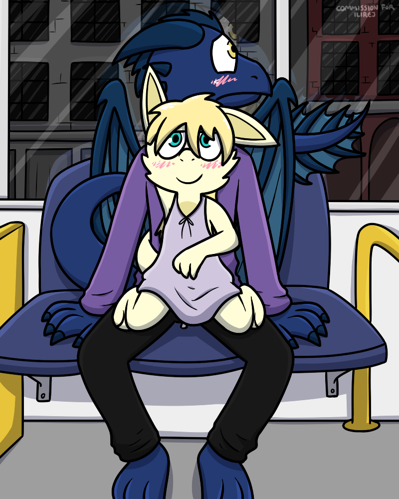 anthro blue_body blush city clothed clothing detailed_background duo female fur hair horn looking_aside male male/female on_lap public public_sex public_transportation rail_transit sex sitting spikes spikes_(anatomy) stealth_sex tail tan_body tram urban_rail_transit vehicle wings young young_anthro pokefound mythology leiria_(ilirej) dragon furred_dragon furred_scalie mythological_creature mythological_scalie scalie 4:5