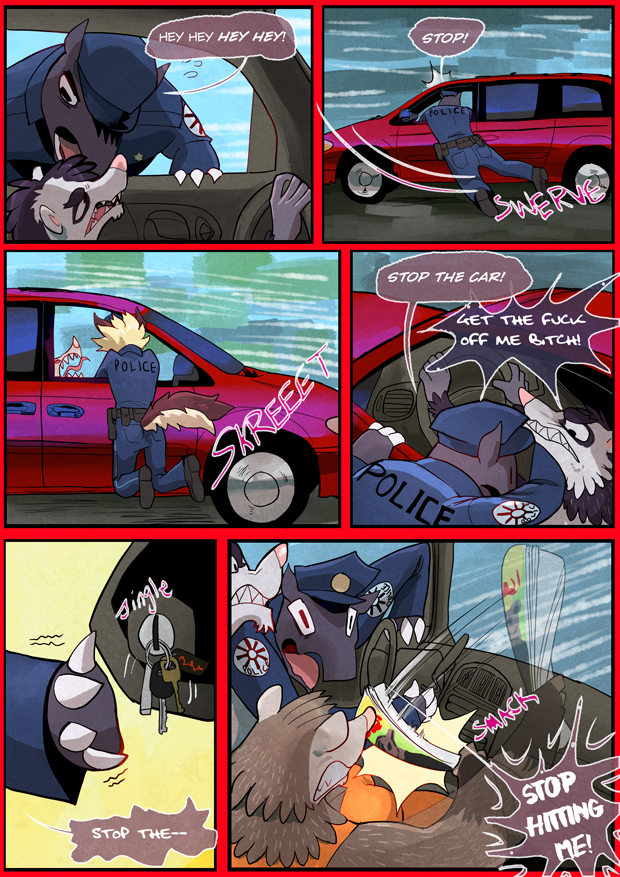 angry anthro black_body brown_body car clothed clothing dialogue driving eyes_closed female group inside_car inside_vehicle looking_at_another magazine male police police_uniform resisting teeth text uniform vehicle white_body grimart moxy_(grimart) pillin_(grimart) american_opossum canid canine canis domestic_dog german_shepherd herding_dog mammal marsupial pastoral_dog comic english_text