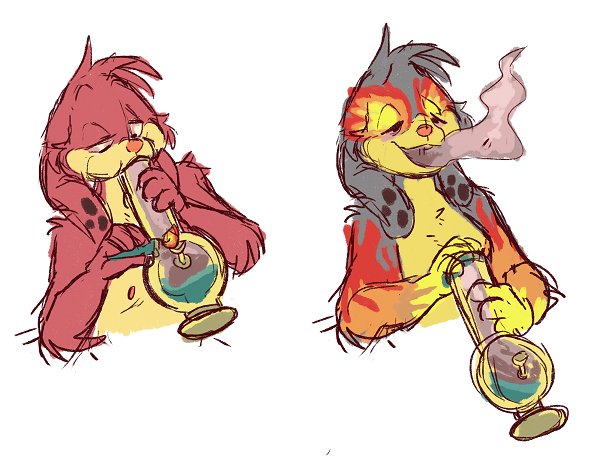 ambiguous_gender anthro bong drugs fur grey_body grey_fur red_body red_fur smoke smoke_from_mouth smoking smoking_bong solo transformation bitelava neopets fire_neopet mammal neopet_(species) zafara_(neopets)