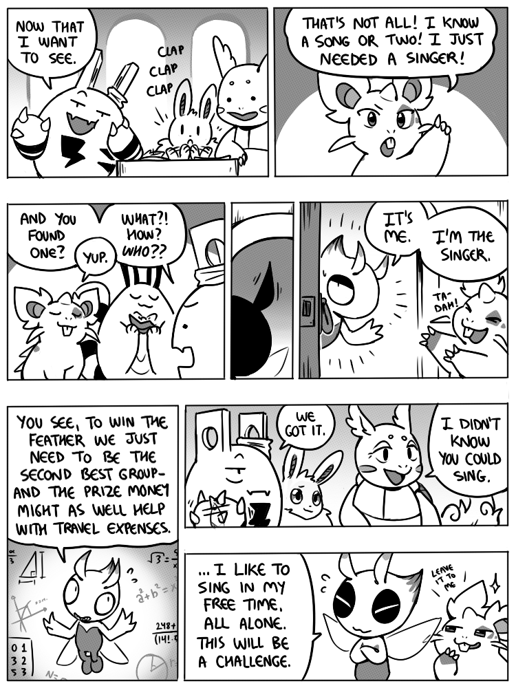 8_panel_comic ambiguous_gender antennae_(anatomy) anterior_nasal_aperture anthro biped black_eyes black_nose black_text cheek_spots clapping claws crossed_arms dialogue door dot_eyes ellipsis exclamation_point eyebrows eyes_closed eyeshadow feral finger_claws fluffy fluffy_tail fur furniture group horn looking_at_another makeup math mouth_closed neck_tuft open_mouth open_smile pawpads paws quadruped question_mark shell smile speech_bubble table tail talking_to_another teeth text tongue tuft white_sclera window wings flavia-elric nintendo pokemon pokemon_mystery_dungeon spike_chunsoft celebi eevee elekid generation_1_pokemon generation_2_pokemon legendary_pokemon nidoran nidoran♀ pokemon_(species) wartortle 2022 black_and_white comic digital_media_(artwork) english_text monochrome