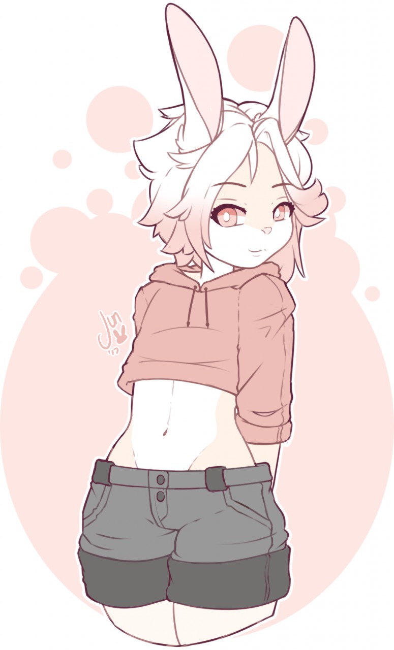 ambiguous_gender anthro blush bottomwear clothing crop_top midriff shirt shorts smile solo topwear junthebun lagomorph leporid mammal rabbit digital_media_(artwork) hi_res