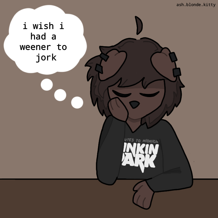 anthro black_clothing black_shirt black_t-shirt black_topwear brown_body brown_fur brown_hair clothing dialogue ear_piercing eyes_closed floppy_ears fur furniture gender_dysphoria hair male piercing shirt solo speech_bubble t-shirt table text text_on_clothing text_on_shirt text_on_t-shirt text_on_topwear thinking thought_bubble thoughtful_expression topwear ashblondekittyy linkin_park rex_(ashblondekittyy) canid canine canis domestic_dog mammal 1:1 english_text trans_(lore) trans_man_(lore)