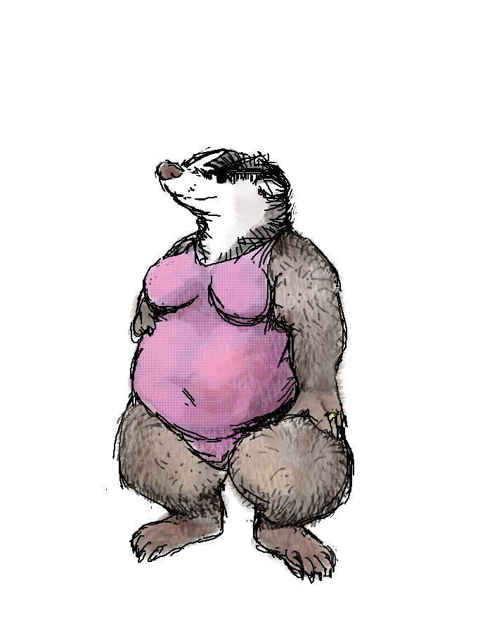 anthro breasts clothed clothing feet female fur hindpaw leotard looking_at_viewer overweight overweight_anthro overweight_female paws simple_background sleeveless smile solo standing swimwear oddwilds badger mammal mustelid musteline 2014 digital_media_(artwork) oekaki sketch