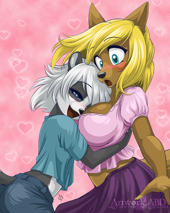 anthro big_breasts blonde_hair blue_eyes blush breasts cleavage clothed clothing duo female female/female hair heart_symbol hug interspecies tail white_hair abluedeer bear canid canine canis domestic_dog giant_panda mammal becky_(disambiguation) june_(disambiguation) digital_media_(artwork) shaded