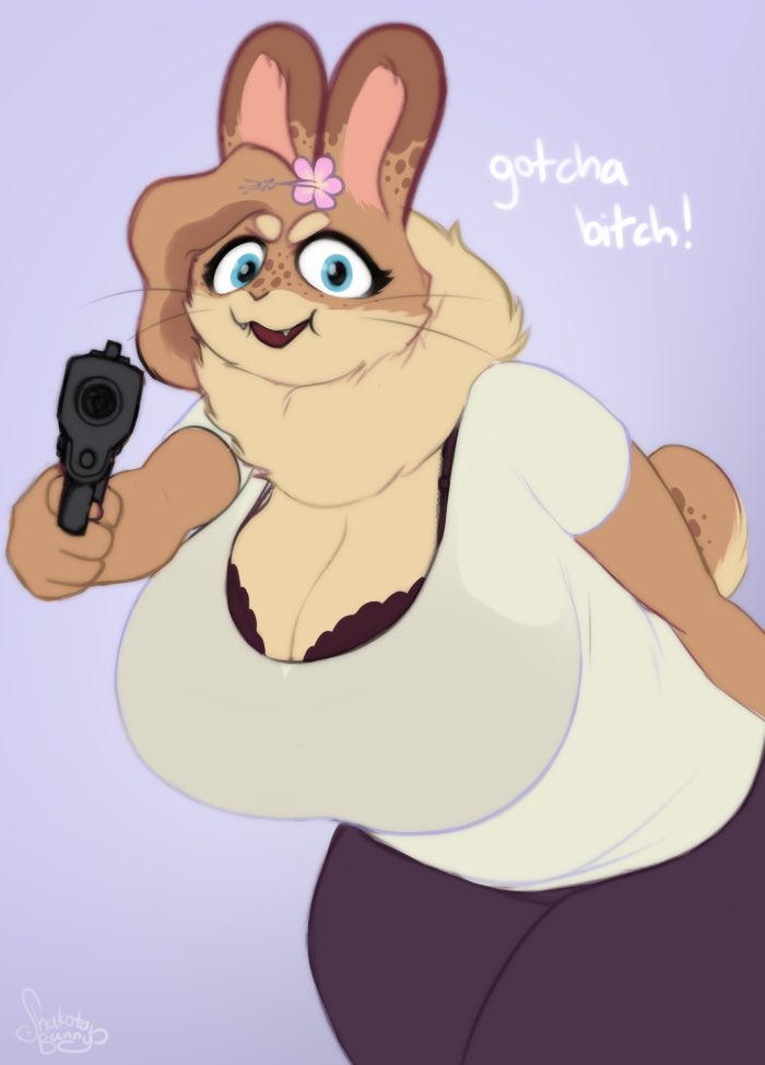 5_fingers accessory anthro big_breasts blue_eyes bra bra_peek breasts cleavage clothed clothing dewlap_(anatomy) dialogue dipstick_ears ear_markings eyelashes fangs female fingers flower flower_in_hair fur gun hair hair_accessory handgun holding_gun holding_object holding_ranged_weapon holding_weapon leggings legwear looking_at_viewer multicolored_ears open_mouth open_smile plant pointing_gun pointing_gun_at_viewer profanity purple_background ranged_weapon shirt simple_background smile solo standing t-shirt talking_to_viewer tan_body tan_fur teeth text thick_thighs threatening threatening_viewer threatening_with_weapon topwear underwear weapon whiskers wide_eyed shakotanbunny hazel_(shakotanbunny) domestic_rabbit flemish_giant lagomorph leporid mammal oryctolagus rabbit 2023 english_text signature