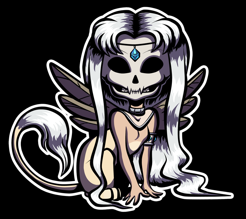 armlet bone breasts collar crown eyeless featureless_breasts female feral hair headgear paws skull skull_head solo tail tail_tuft tiara tuft white_hair wings oracle_sphinx mythology bianka_(oracle_sphinx) felid mammal mythological_creature mythological_sphinx