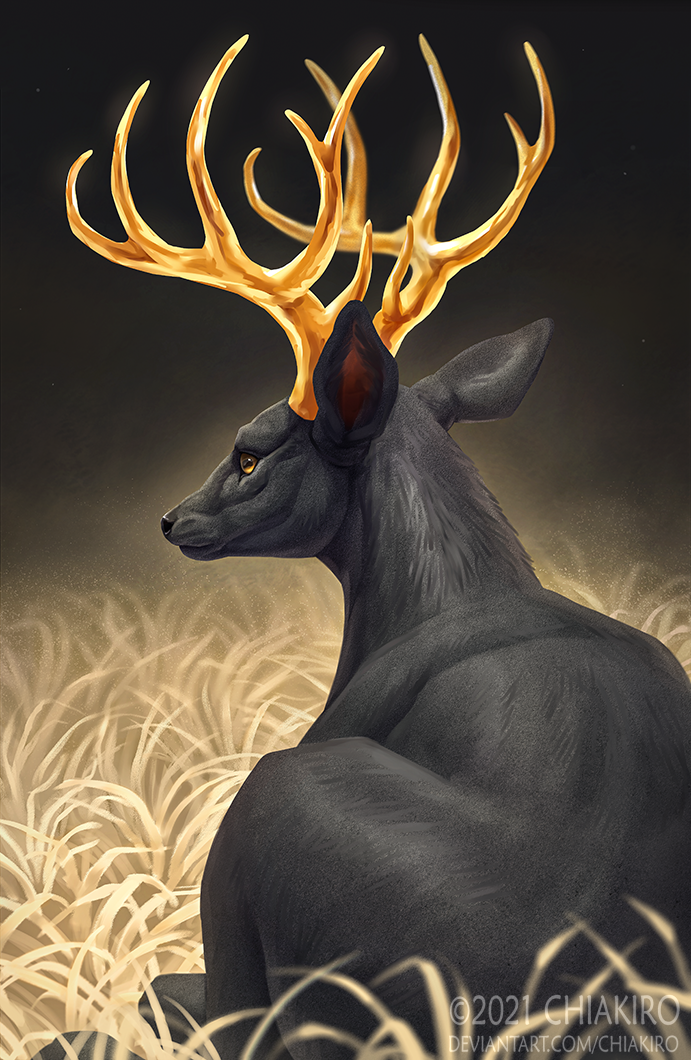 antlers black_body black_ears black_fur black_nose copyright_symbol feral fur grass horn plant solo symbol text yellow_antlers chiakiro deer mammal 2021 digital_media_(artwork) digital_painting_(artwork) url