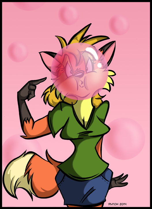 anthro blonde_hair blowing blowing_bubble_gum bottomwear breasts bubble_gum clothing female fur hair multicolored_body multicolored_fur shirt skirt solo topwear two_tone_body two_tone_fur dutch_(artist) misty_the_mouse maggie_noirveaux_(dutch) canid canine fox mammal 2014 digital_media_(artwork)