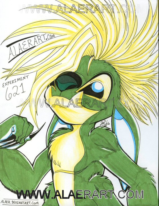 4_arms black_claws black_eyes blonde_hair claws deathhawk ears_down fur green_body green_fur green_nose hair looking_at_viewer mohawk multi_arm multi_limb pivoted_ears simple_background smile solo text white_background yellow_body yellow_fur alaer disney lilo_and_stitch chopsuey_(lilo_and_stitch) alien experiment_(lilo_and_stitch) 2006 character_name colored_pencil_(artwork) distracting_watermark english_text mixed_media traditional_media_(artwork) url watermark