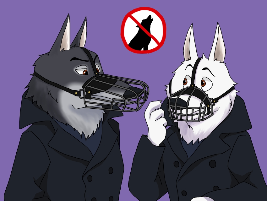 anthro duo fur grey_body grey_fur male muzzle_(object) muzzled white_body white_fur wire_basket_muzzle norarikrr disney zootopia gary_(zootopia) larry_(zootopia) canid canine canis mammal wolf 2016