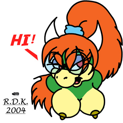 accessory anthro biped breasts clothed clothing dialogue eyewear female glasses hair hair_accessory horn nipples nude open_mouth outline ponytail red_hair solo text topless reddragonkan mario_bros nintendo koopa scalie 1:1 digital_media_(artwork) english_text low_res