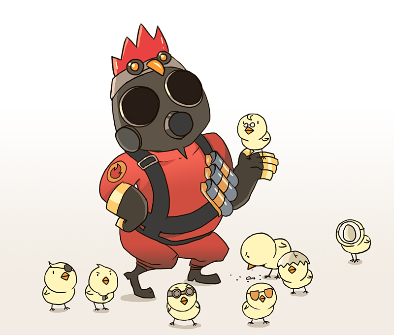 clothed clothing dog_tags egg explosives eye_patch eyewear fire fully_clothed glasses goggles grenade group hat headgear headwear humor male mask simple_background suit sunglasses weapon what white_background young biggreenpepper adult_swim cartoon_network robot_chicken team_fortress_2 valve demoman_(team_fortress_2) engineer_(team_fortress_2) heavy_(team_fortress_2) medic_(team_fortress_2) pyro_(team_fortress_2) scout_(team_fortress_2) sniper_(team_fortress_2) soldier_(team_fortress_2) spy_(team_fortress_2) avian bird chicken galliform gallus_(genus) phasianid