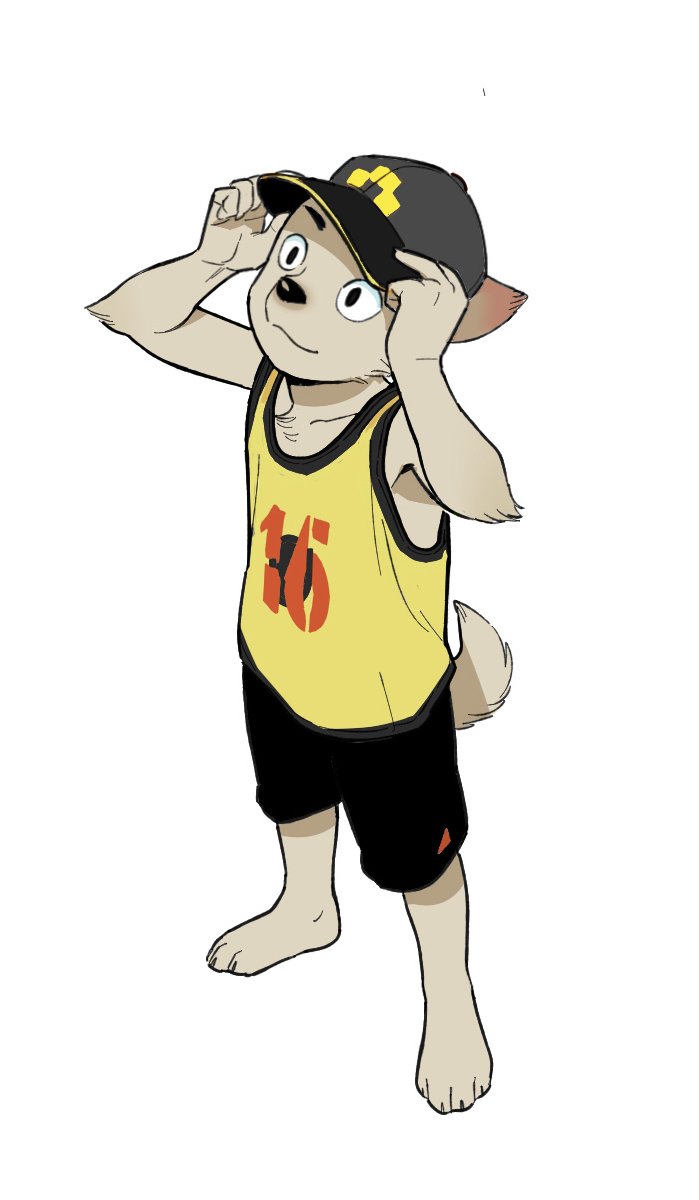 anthro baseball_cap biped bottomwear clothing fur hat headgear headwear male plantigrade shirt shorts simple_background solo tank_top topwear white_background young young_anthro fffffolder canid canine canis domestic_dog mammal hi_res