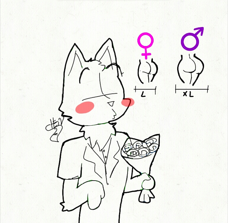 anthro big_butt blush butt comparing comparing_butts flower male plant size_difference solo foxchen ych_(character) domestic_cat felid feline felis mammal