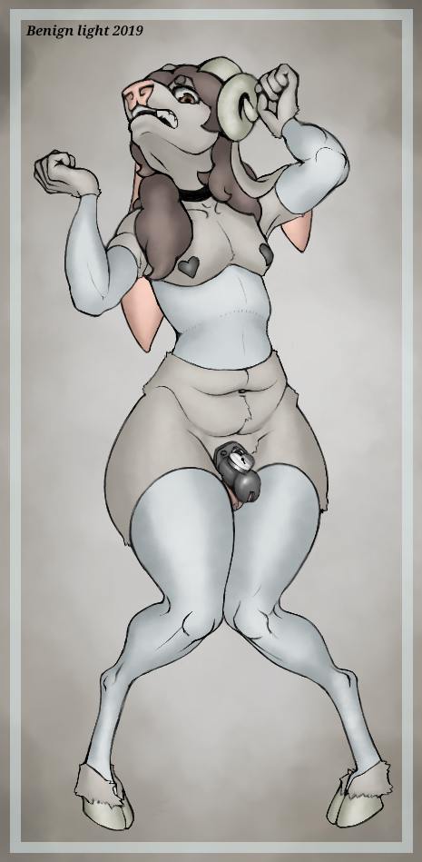 anthro black_chastity_cage chastity_cage chastity_device clothing corset femboy hooves horn legwear lingerie lock long_ears male navel nipple_tape padlock pasties simple_background slightly_chubby solo tape thick_thighs thigh_highs topwear wide_hips benign_light bovid caprine mammal sheep 2019