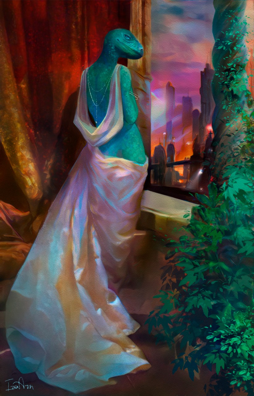 anthro bed_sheet bedding blue_eyes bridge building butt city city_background cityscape column curtains female future futuristic green_body green_skin jewelry looking_at_viewer looking_back looking_back_at_viewer necklace plant red_curtains skyscraper solo standing vines ira-arn amphibian scalie 2020 hi_res signature