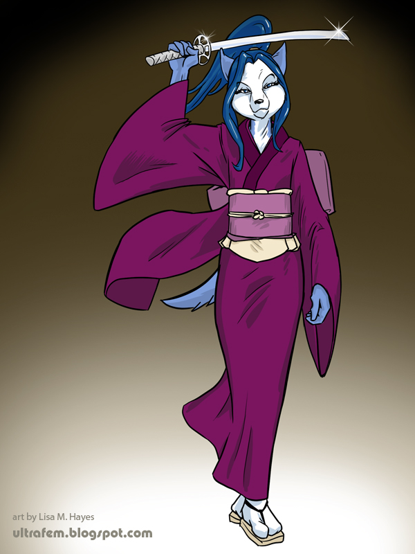 anthro asian_clothing blue_hair clothed clothing east_asian_clothing female hair holding_melee_weapon holding_object holding_sword holding_weapon japanese_clothing katana kimono looking_at_viewer melee_weapon samurai solo sword text warrior weapon ultrafem canid canine mammal yuki_(disambiguation) 3:4 url