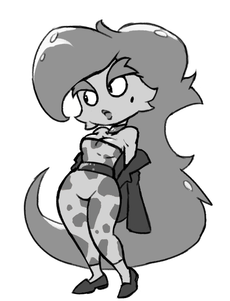 anthro big_hair breasts cleavage clothed clothing eyebrows female hair jacket markings mole_(marking) non-mammal_breasts short_stack solo topwear wwwjam scalie_schoolie trixie_(scalie_schoolie) amphibian newt salamander scalie warty_newt greyscale monochrome