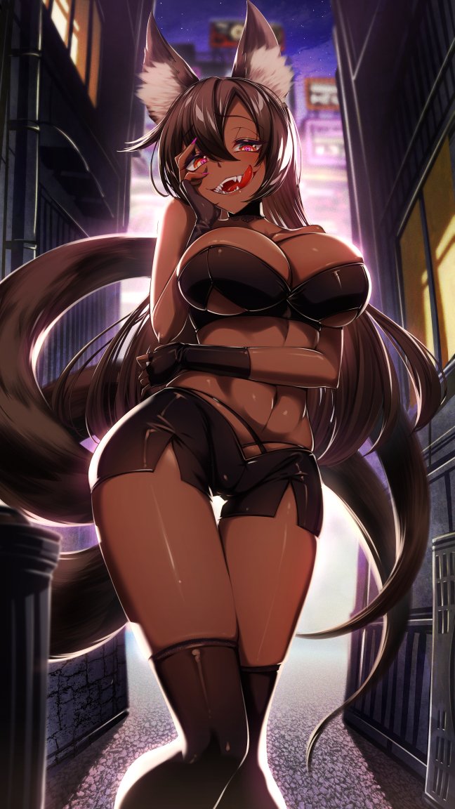 2_tails big_breasts biped boots bottomwear breasts brown_body brown_hair brown_skin building city cleavage clothed clothing dark_body dark_skin detailed_background fangs female fingerless_gloves footwear front_view glistening glistening_body glistening_skin gloves hair handwear hotpants inner_ear_fluff licking licking_lips licking_own_lips light long_hair looking_at_viewer low-angle_view midriff minishorts monotone_hair multi_tail naughty_face navel night red_eyes self_lick sharp_teeth shoes shorts skimpy solo tail teeth tongue tongue_out tuft cluseller yandere_trance animal_humanoid canid canid_humanoid canine canine_humanoid fox_humanoid humanoid mammal mammal_humanoid 9:16 lighting