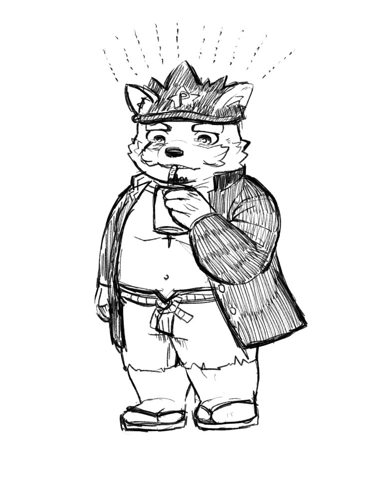 anthro bancho belly clothing coat container cup drinking drinking_straw facial_hair footwear hat headgear headwear male mustache navel sandals shirtless shoes short_stack slightly_chubby solo topwear doku8yume8denpa lifewonders live_a_hero procy canid canine canis domestic_dog mammal monochrome sketch