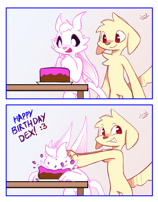anthro bent_over birthday birthday_cake birthday_gift cake crotch_lines dessert duo female floppy_ears food fur hair looking_back male male/female nude open_mouth pushing pushing_down pushing_head simple_background smile smug_face splat tail teeth text joxh microsoft ori_(series) xbox_game_studios maori_(dexstnc) sol_(joxh) bird_dog canid canine canis domestic_dog golden_retriever guardian_spirit hunting_dog mammal retriever artist_name comic digital_drawing_(artwork) digital_media_(artwork) english_text shaded signature sketch watermark