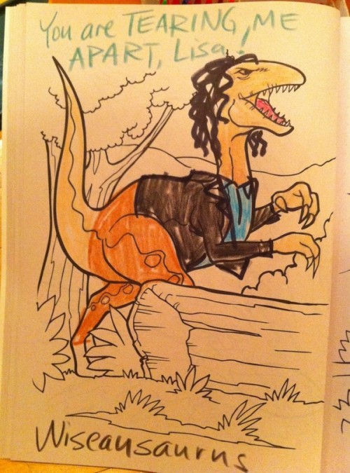 ambiguous_gender coloring_book feral forest open_mouth outside plant solo tail tailbutt teeth text tongue tree wood molly_lewis the_room tommy_wiseau dinosaur dromaeosaurid prehistoric_species reptile scalie theropod velociraptor marker_(artwork) source_request traditional_media_(artwork)