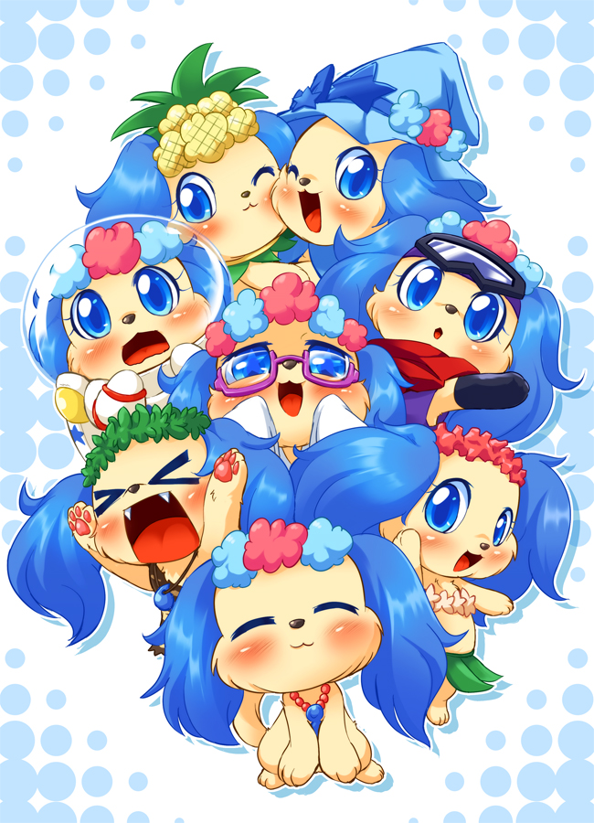 blue_hair blush clothing eyewear female floppy_ears fluffy fur glasses hair hat headgear headwear kemono lop_ears nude one_eye_closed solo wink witch_hat yellow_body yellow_fur ukan_muri jewelpet sanrio sega sega_fave sapphie_(jewelpet) bird_dog canid canine canis cavalier_king_charles_spaniel domestic_dog hunting_dog mammal spaniel toy_dog